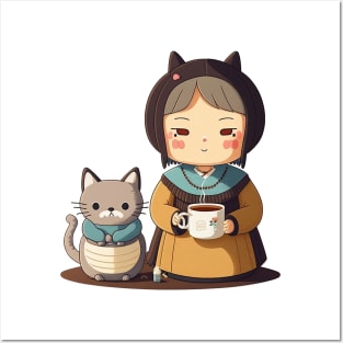 Chibi Cat Coffee Mom Posters and Art